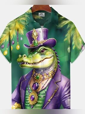 Holiday Vintage Mardi Gras Crocodile Coconut Tree Short Sleeve Shirt NWT Size XL